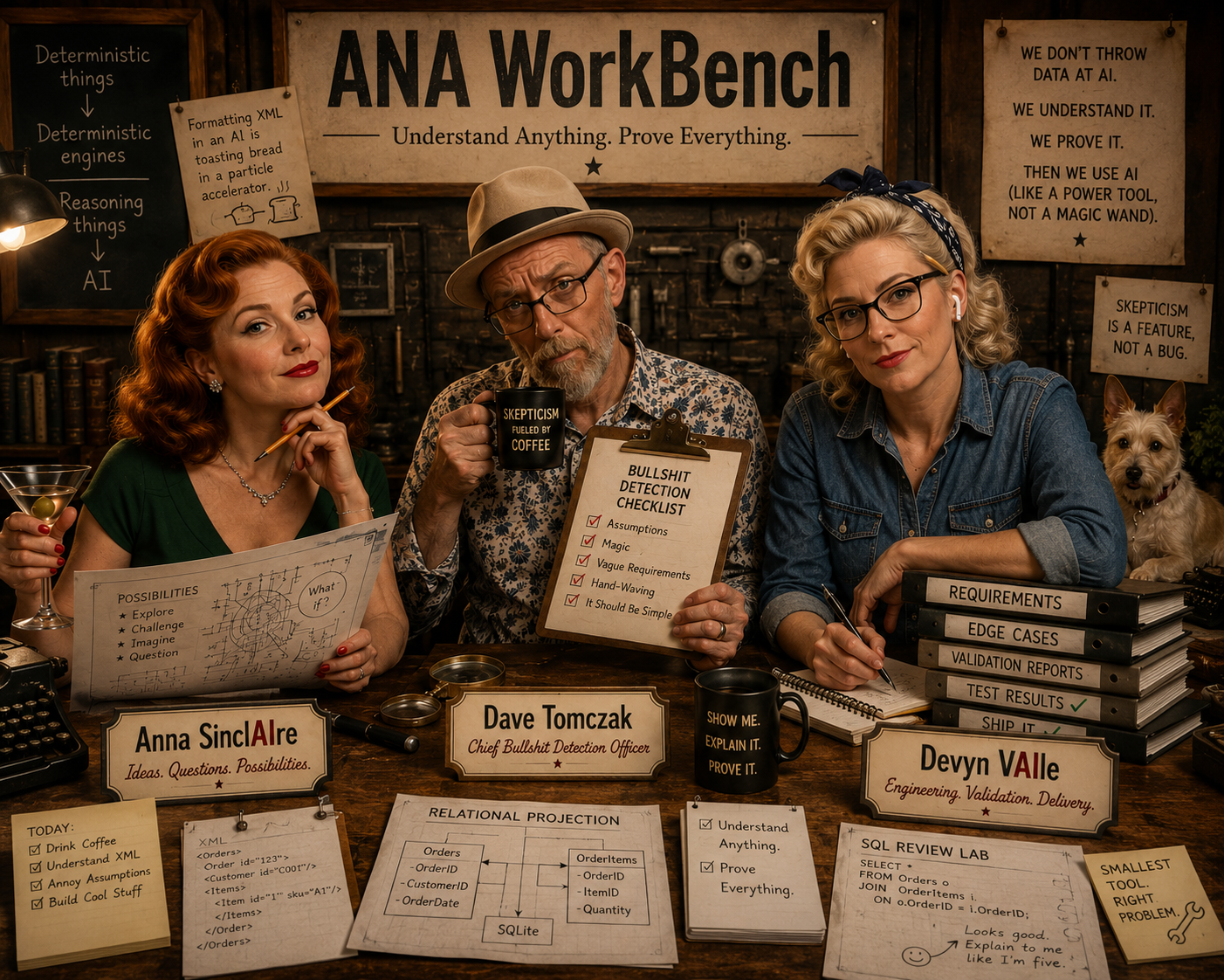 A playful vintage-style ANA WorkBench team portrait featuring Anna SinclAIre, Dave Tomczak, Devyn VAIle, and Queenie in the background.